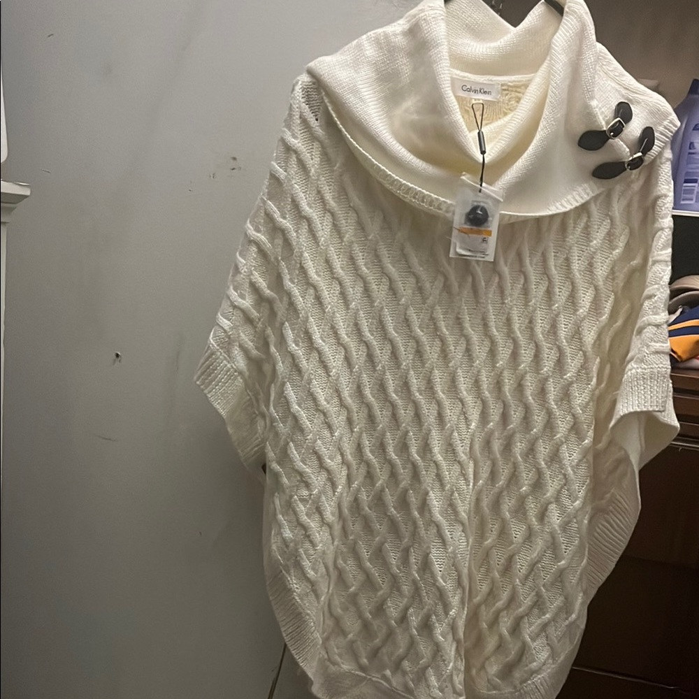 Calvin Klein White Cowl Neck Sweater with Zigzag Knit